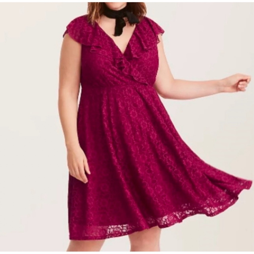 Torrid Skater Ruffled Berry Red Lace Dress NWT SZ 2 (18–20)
